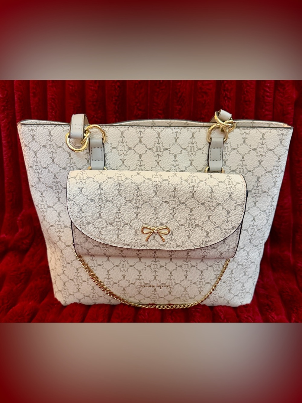 Nanette Lepore Cream Patterned Tote with Detachable Pouch Wristlet